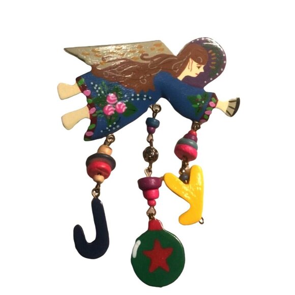 Vintage Hand-Painted Angel Brooch With JOY Charms & Beads - Picture 5 of 9